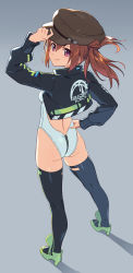 Rule 34 | 1girl, alice gear aegis, ass, beret, black jacket, black thighhighs, booth babe, brown hair, brown hat, cropped jacket, from behind, full body, gradient background, green footwear, grey background, hand on own hip, hat, high heels, highres, holding, holding clothes, holding hat, jacket, kimikage yui, leotard, looking at viewer, medium hair, om (nk2007), purple eyes, solo, standing, thighhighs, twintails, white leotard