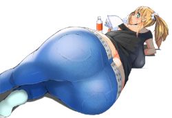 Rule 34 | 1girl, aqua eyes, ass, ass focus, bad perspective, blonde hair, breasts, denim, huge ass, jeans, large breasts, long hair, looking at viewer, looking back, original, pants, sideboob, simple background, socks, solo, thick thighs, thighs, twintails, white background, white socks, wide hips, yoru ha