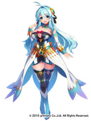 Rule 34 | 1girl, bare shoulders, blue eyes, blue hair, blush, bow, brave sword x blaze soul, breasts, cleavage, copyright name, detached collar, detached sleeves, dress, earrings, full body, hair ornament, jewelry, large breasts, long hair, looking at viewer, mel/a, open mouth, overskirt, short dress, simple background, smile, solo, standing, thighhighs, white background, zettai ryouiki