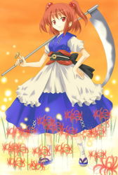 Rule 34 | 1girl, female focus, flower, full body, michii yuuki, onozuka komachi, outdoors, plant, red eyes, red hair, scythe, sky, solo, standing, touhou, twintails, two side up