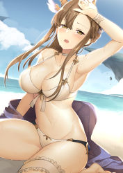 Rule 34 | 1girl, absurdres, arm up, armpits, beach, bikini, blue sky, blush, braid, breasts, brown eyes, brown hair, cleavage, cloud, commentary, day, flower, granblue fantasy, hair flower, hair ornament, halterneck, highres, jun project, large breasts, long hair, looking at viewer, navel, ocean, open mouth, outdoors, see-through, sitting, sky, solo, stomach, swept bangs, swimsuit, teeth, thigh strap, tweyen (eternal&#039;s summer vacation) (granblue fantasy), tweyen (granblue fantasy), upper teeth only, water, wet, white bikini