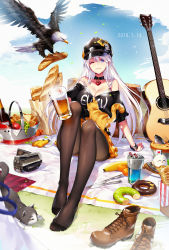 Rule 34 | 1girl, absurdres, alcohol, alternate costume, arm support, azur lane, banana, bare shoulders, beer, beer mug, bird, black hat, black pantyhose, blue sky, blush, boots, bottle, bra, bread, breasts, brown footwear, case, cat, choker, cleavage, clothes pull, clothes writing, cloud, cross-laced footwear, cup, curry, dated, day, doughnut, eagle, enterprise (azur lane), falling leaves, feet, food, fruit, full body, grass, guitar, hat, heart, heart choker, highres, holding mug, instrument, jewelry, lace-up boots, large breasts, leaf, light rays, long hair, looking at viewer, luode huayuan, miniskirt, mug, off shoulder, one eye closed, orange (fruit), outdoors, pantyhose, peaked cap, pendant, petals, picnic basket, plate, purple eyes, shirt, shirt pull, shoes, sidelocks, silver hair, sitting, skirt, sky, smile, solo, stargazy pie, thighband pantyhose, underwear, unworn boots, unworn shoes, very long hair, video camera, white bra, wind, wristband