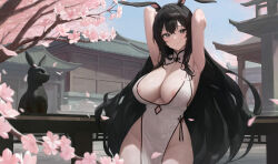 Rule 34 | 1girl, absurdres, animal ears, areola slip, armpits, bare shoulders, black eyes, black hair, blush, breasts, cherry blossoms, china dress, chinese clothes, cleavage, closed mouth, crossed bangs, day, dress, highres, kiek qaq, large breasts, long hair, looking at viewer, no panties, original, outdoors, rabbit ears, revision, sleeveless, sleeveless dress, smile, solo