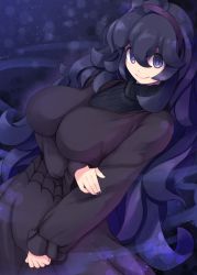 Rule 34 | 1girl, @ @, ahoge, alternate breast size, arm under breasts, backlighting, black dress, black hair, breasts, closed mouth, commentary, creatures (company), curvy, dress, fire, from below, game freak, gen 5 pokemon, gradient hair, hair between eyes, hairband, hands up, hex maniac (pokemon), kirishima satoshi, large breasts, litwick, long dress, long hair, looking at viewer, lying, messy hair, multicolored hair, nail polish, nintendo, on back, pokemon, pokemon xy, purple background, purple eyes, purple hairband, purple theme, smile, sweat, tongue, tongue out