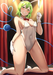 Rule 34 | 1girl, absurdres, bow, bowtie, breasts, gloves, green eyes, green hair, hand on own hip, heart, highres, kneeling, komeiji koishi, leotard, medium breasts, nagomian, playboy bunny, red bow, red bowtie, red curtains, smile, solo, thighs, touhou, white footwear, white gloves, white leotard
