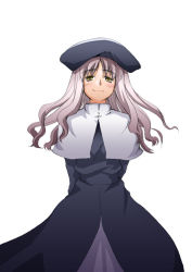 Rule 34 | 00s, 1girl, arms behind back, capelet, caren hortensia, cowboy shot, dress, fate/hollow ataraxia, fate/stay night, fate (series), fuugetsu makoto, hat, long hair, looking at viewer, simple background, smile, smug, solo, white background, white hair, yellow eyes