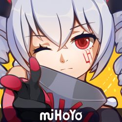 Rule 34 | 1girl, bare shoulders, black gloves, bronya zaychik, bronya zaychik (black nucleus), close-up, closed mouth, drill hair, gloves, grey hair, hair between eyes, honkai (series), honkai impact 3rd, index finger raised, nalukikiki, parody, pointing, pointing at viewer, portrait, red eyes, simple background, solo, twin drills, yellow background