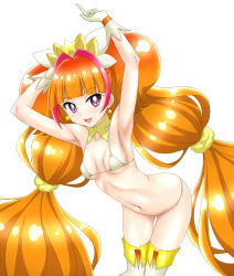Rule 34 | 1girl, :d, amanogawa kirara, armpits, bazeru, bikini, breasts, cure twinkle, gloves, go! princess precure, long hair, magical girl, multicolored hair, open mouth, orange hair, precure, purple eyes, red hair, simple background, small breasts, smile, solo, swimsuit, thighhighs, two-tone hair, very long hair, white background, white bikini, white gloves