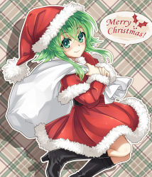 Rule 34 | 1girl, bad id, bad pixiv id, carrying over shoulder, chroma000, chroma (chroma000), green eyes, green hair, gumi, hat, looking at viewer, matching hair/eyes, santa costume, santa hat, short hair, smile, solo, vocaloid