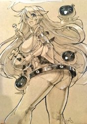 Rule 34 | &gt; &lt;, 1girl, :d, ahoge, ankh, arc system works, arm strap, ass, belt, belt skirt, bodysuit, breasts, buckle, candy, closed eyes, spiked halo, creature, eu03, flipped hair, floating hair, food, from side, guilty gear, guilty gear xrd, hair between eyes, halo, happy, highres, holding, holding mask, impossible bodysuit, impossible clothes, jack-o&#039; valentine, jewelry, kneepits, large breasts, leaning forward, legs apart, lollipop, long hair, looking at viewer, looking back, mask, unworn mask, minion (guilty gear), monochrome, necklace, open mouth, pantylines, signature, simple background, smile, solo, standing, studded belt, traditional media, triangle mouth, very long hair