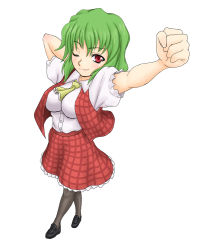 Rule 34 | 1girl, ;), ascot, black pantyhose, breasts, clenched hand, female focus, foreshortening, full body, green hair, impossible clothes, impossible shirt, kazami yuuka, kuro suto sukii, large breasts, one eye closed, pantyhose, plaid, plaid skirt, plaid vest, raised fist, red eyes, shirt, simple background, skirt, skirt set, smile, solo, standing, stretching, touhou, vest, white background, wink