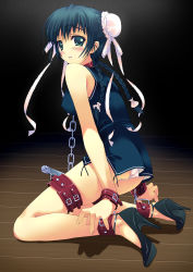 Rule 34 | 1girl, aqua hair, bare arms, bare shoulders, bdsm, black footwear, blush, bondage, bound, braid, breasts, bun cover, chain, china dress, chinese clothes, collar, covered erect nipples, cuffs, double bun, dress, f-ism, female focus, floor, frogtie, from side, full body, green eyes, hair bun, high heels, highres, legs, long hair, looking at viewer, looking to the side, medium breasts, microdress, murakami suigun, no socks, on floor, original, panties, parted lips, red collar, shoes, solo, spreader bar, twin braids, underwear, wooden floor