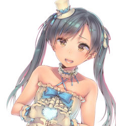 Rule 34 | 1girl, bare shoulders, blue hair, ds mairu, dsmile, hat, heart, heart hands, idolmaster, idolmaster (classic), kisaragi chihaya, long hair, mini hat, mini top hat, open mouth, solo, top hat, twintails, wrist cuffs