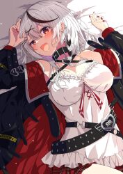 Rule 34 | belt, black collar, bow, breasts, camisole, caution, cleavage, collar, fang, frilled camisole, frills, grey hair, hair ornament, heart collar, heart pendant, highres, hololive, large breasts, looking at viewer, lying, medium hair, multicolored hair, namikawa kuroha, off-shoulder jacket, off shoulder, plaid, plaid bow, red eyes, red nails, sakamata chloe, skin fang, streaked hair, virtual youtuber, white camisole, x hair ornament