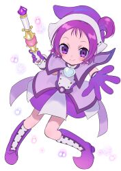 Rule 34 | 1girl, absurdres, blush, boots, brooch, capelet, closed mouth, commentary request, dress, earrings, full body, gloves, hat, heart, heart brooch, highres, holding, holding wand, jewelry, kakizato, knee boots, looking at viewer, magical girl, ojamajo doremi, one side up, outstretched arm, pointy footwear, purple capelet, purple dress, purple eyes, purple footwear, purple gloves, purple hair, purple hat, reaching, reaching towards viewer, segawa onpu, short hair, smile, solo, standing, wand, white background, witch hat