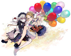Rule 34 | 2girls, abigail williams (fate), abigail williams (festival outfit) (fate), bags under eyes, balloon, black bloomers, black dress, black footwear, black shirt, blonde hair, bloomers, blue eyes, blush, bow, braid, butterfly hair ornament, closed mouth, commentary request, dress, fate/grand order, fate (series), hair bow, hair ornament, heroic spirit festival outfit, horns, lavinia whateley (fate), long hair, long sleeves, looking at viewer, matching outfits, multiple girls, nozaki tsubata, official alternate costume, parted bangs, red bow, shirt, shoes, sidelocks, single horn, sleeveless, sleeveless dress, sleeves past fingers, sleeves past wrists, smile, stuffed animal, stuffed toy, teddy bear, underwear, very long hair, white bloomers, white dress, white footwear, white hair, white shirt
