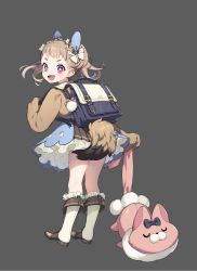 Rule 34 | 1girl, :3, :d, animal ears, backpack, bag, black bag, blue dress, boots, bow, brown hair, cardigan, dot nose, dress, ear covers, fang, frilled dress, frilled legwear, frills, full body, highres, holding, holding strap, holding toy, knee boots, leather, leather boots, looking back, medium hair, ni02 (asahi nini), open mouth, original, pink eyes, pom pom (clothes), randoseru, ribbon, sailor collar, seams, smile, solo, star-shaped pupils, star (symbol), stuffed animal, stuffed toy, symbol-shaped pupils, tail, thick eyebrows, toy, twintails