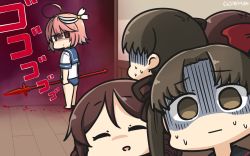 Rule 34 | 3girls, ahoge, ayanami (kancolle), barefoot, black sailor collar, blood, bloody weapon, brown eyes, brown hair, dated, empty eyes, closed eyes, fate (series), gae bolg (fate), hair between eyes, hamu koutarou, harukaze (kancolle), highres, holding, holding weapon, i-58 (kancolle), kantai collection, long hair, multiple girls, old school swimsuit, open mouth, pink hair, red eyes, remodel (kantai collection), sailor collar, scared, school swimsuit, school uniform, serafuku, shaded face, short hair, short sleeves, side ponytail, swimsuit, swimsuit under clothes, weapon