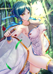 Rule 34 | 1girl, attack, bamboo, bamboo forest, black thighhighs, blood, blood splatter, blue hair, blush, breasts, china dress, chinese clothes, collarbone, covered erect nipples, covered navel, cowboy shot, dress, earrings, floral print, forest, green hair, hair ornament, hair stick, highres, holding, holding sword, holding weapon, jewelry, jian (weapon), large breasts, left-handed, leg up, light rays, looking at viewer, nature, no panties, original, outdoors, pelvic curtain, revision, ribbon, ryuuzouji usagi, see-through, see-through silhouette, side slit, sideboob, slashing, smile, solo, sword, thighhighs, unsheathed, weapon, wuxia, yellow eyes