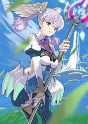 Rule 34 | 1girl, absurdres, ascot, blue eyes, boots, braid, breasts, cloud, cowboy shot, crown braid, dress, energy weapon, grass, grey hair, head wings, highres, karian909, medium breasts, melia antiqua, puffy short sleeves, puffy sleeves, short dress, short sleeves, smile, solo, staff, thigh boots, wings, xenoblade chronicles: future connected, xenoblade chronicles (series), xenoblade chronicles 1