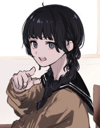 Rule 34 | 1girl, black hair, black sailor collar, braid, brown sweater, chair, commentary request, desk, grey eyes, hair over shoulder, inoue takina, long hair, long sleeves, looking to the side, low twintails, lycoris recoil, on chair, open mouth, pointing, pointing at viewer, puffy long sleeves, puffy sleeves, sailor collar, school chair, school desk, school uniform, serafuku, solo, sweater, tsurara eeri, twin braids, twintails, upper body, window