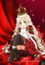 Rule 34 | 00s, 1girl, 2006, bed, blonde hair, boots, cape, head rest, crown, feathers, female focus, green eyes, hat, high heel boots, high heels, jewelry, kuramoto kaya, long hair, looking at viewer, red theme, sitting, skirt, solo, thighhighs, very long hair, watermark, wavy hair, web address