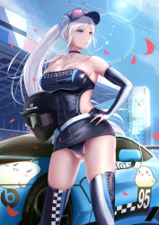 Rule 34 | 1girl, azur lane, bare shoulders, blue flower, blue hat, blue skirt, boots, breasts, car, cleavage, closed mouth, collarbone, commentary, enterprise (azur lane), enterprise (wind catcher) (azur lane), eyewear on head, flower, hand on own hip, hat, helmet, highres, holding, holding helmet, large breasts, long hair, looking to the side, motor vehicle, official alternate costume, outdoors, petals, ponytail, race queen, race vehicle, racecar, revision, shigatsu (4gate), skirt, solo, standing, sunglasses, thigh boots, thighhighs, thighs, white hair