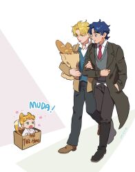 Rule 34 | 3boys, :p, aged down, animal ears, arm hug, bag, baguette, black pants, blonde hair, blue eyes, blue hair, boots, box, bread, cat boy, cat ears, cat tail, coat, dio brando, food, full body, giorno giovanna, green eyes, highres, holding, holding bag, honlo, in box, in container, jacket, jojo no kimyou na bouken, jonathan joestar, long hair, long sleeves, looking at another, male focus, multiple boys, necktie, open mouth, pants, paper bag, red necktie, shirt, tail, tongue, tongue out, vest, walking, white shirt