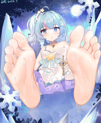 Rule 34 | 1girl, ahoge, aqua nails, armpit crease, bare shoulders, barefoot, blue eyes, blue hair, blush, character request, choker, collarbone, copyright request, crystal, dated, dress, eyelashes, feet, foot focus, hair intakes, highres, kalun (fwme3378), long hair, looking at viewer, multicolored hair, nail polish, open mouth, outdoors, paid reward available, purple choker, purple dress, short dress, side ponytail, single strap, sitting, soles, solo, star-shaped pupils, star (symbol), streaked hair, symbol-shaped pupils, toenail polish, toenails, toes, white dress
