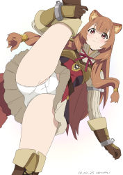 Rule 34 | 1girl, absurdres, animal ears, ass, baba arumi, blunt bangs, blush, boots, brown hair, cameltoe, dated, dress, from below, gloves, groin, highres, leg lift, leg up, long hair, long sleeves, panties, purple eyes, raccoon ears, raccoon girl, raccoon tail, raphtalia, ribbed sweater, simple background, skirt, slave, smile, solo, standing, sweater, tail, tate no yuusha no nariagari, underwear, upskirt, white background, white panties