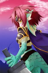 Rule 34 | 1girl, armor, cape, dragon girl, female focus, from behind, gradient background, granberia, looking back, mon-musu quest!, monster girl, red hair, scales, solo, sword, tattoo, weapon, yellow eyes