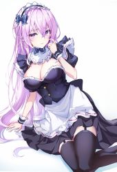 Rule 34 | 1girl, apron, black bow, black skirt, black thighhighs, bow, breasts, bustier, cleavage, closed mouth, e-bbh, garter straps, hair bow, highres, large breasts, long hair, maid, maid headdress, miniskirt, original, pink eyes, pink hair, pleated skirt, short sleeves, shrug (clothing), simple background, sitting, skirt, smile, solo, thighhighs, very long hair, waist apron, white apron, white background, wrist cuffs, zettai ryouiki