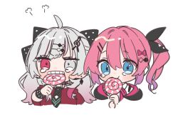 Rule 34 | 2girls, ahoge, black bow, black necktie, black ribbon, blue eyes, blush, bow, bowtie, candy, chibi, choker, commentary request, cropped torso, ear piercing, earrings, food, food in mouth, gradient hair, grey eyes, hair between eyes, hair bow, hair ornament, hair ribbon, heterochromia, highres, holding, holding candy, holding food, holding lollipop, ishigami nozomi, ishigami nozomi (1st costume), jewelry, kashikaze, kuramochi meruto, kuramochi meruto (1st costume), lollipop, long hair, multicolored hair, multiple girls, necktie, nijisanji, piercing, polka dot, polka dot bow, purple bow, purple bowtie, purple hair, red eyes, red hair, red shirt, ribbon, shirt, side ponytail, simple background, spiked choker, spikes, streaked hair, studded bracelet, swirl lollipop, tearing up, teeth, upper body, virtual youtuber, white background, white hair, white shirt