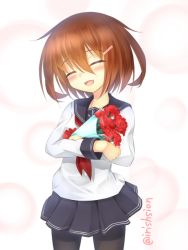 Rule 34 | 10s, 1girl, :d, ^ ^, anchor symbol, black pantyhose, black skirt, bouquet, brown hair, carnation, closed eyes, commentary request, fang, flower, hair ornament, hairclip, ikazuchi (kancolle), kantai collection, long sleeves, mother&#039;s day, murasame shia, neckerchief, open mouth, pantyhose, pleated skirt, red neckerchief, school uniform, serafuku, short hair, skirt, smile, solo, tail ein, thighhighs, twitter username