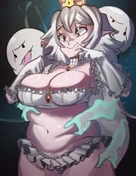 Rule 34 | 1girl, absurdres, belly, belly grab, boo (mario), breasts, cleavage, crop top, gloves, highres, king boo, large breasts, luigi&#039;s mansion, mario (series), moxydraws, navel, new super mario bros. u deluxe, nintendo, plump, pointy ears, princess king boo, skirt, stomach, super crown, thick thighs, thighs, white hair