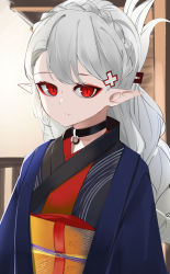 Rule 34 | 1girl, absurdres, alternate costume, ao oni (onioni-aoi), arknights, black choker, black kimono, braid, choker, closed mouth, commentary request, crown braid, fang, fang out, grey hair, hair ornament, highres, japanese clothes, kimono, long hair, looking at viewer, obi, open clothes, pointy ears, red eyes, sash, solo, upper body, very long hair, warfarin (arknights)