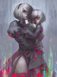 Rule 34 | 2girls, black blindfold, black dress, black hairband, blindfold, carrying, carrying person, child carry, clothing cutout, cropped legs, crossover, digital dissolve, dress, feather-trimmed sleeves, hairband, height difference, highres, kindasamey, long sleeves, mole, mole under mouth, multiple girls, nier (series), nier:automata, no blindfold, nose, parted lips, puffy sleeves, red eyes, sage (sonic), simple background, sonic (series), sonic frontiers, white hair, 2b (nier:automata)