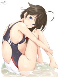 Rule 34 | 10s, 1girl, :o, ahoge, back, back cutout, bare arms, bare legs, bare shoulders, barefoot, black one-piece swimsuit, blush, braid, breasts, clothing cutout, competition swimsuit, hair flaps, hair ribbon, highres, hugging own legs, kantai collection, knees up, leaning forward, long hair, low-tied long hair, medium breasts, one-piece swimsuit, open mouth, puddle, red ribbon, ribbon, shigure (kancolle), shigure kai ni (kancolle), sideboob, signature, simple background, single braid, sitting, solo, swept bangs, swimsuit, takumin (takumi415), tareme, twisted neck, water, white background