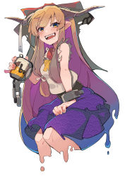 Rule 34 | 1girl, absurdres, alcohol, beer, beer can, blue eyes, blush, bow, can, chain, cuffs, drink can, drooling, fangs, fingernails, graphite (medium), hair bow, highres, horn ornament, horn ribbon, horns, ibuki suika, long hair, looking at viewer, lyu, multicolored eyes, open mouth, purple skirt, red bow, red neckwear, ribbon, shirt, simple background, skirt, sleeveless, sleeveless shirt, torn clothes, torn sleeves, touhou, traditional media, white background, yellow eyes