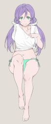 Rule 34 | 10s, 1girl, absurdres, arm behind back, barefoot, collar tug, free style (yohan1754), full body, green panties, grey background, hair between eyes, highres, invisible chair, light smile, long hair, looking at viewer, love live!, love live! school idol project, midriff, navel, no pants, panties, purple hair, scrunchie, shirt, short sleeves, side-tie panties, simple background, sitting, solo, tied shirt, tojo nozomi, twintails, underwear, white shirt