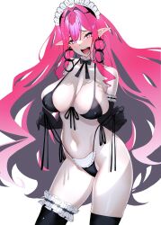 Rule 34 | 1girl, absurdres, alternate costume, bare shoulders, bikini, black bikini, black gloves, black thighhighs, breasts, cleavage, collarbone, covered erect nipples, earrings, elbow gloves, baobhan sith (fate), fate/grand order, fate (series), gloves, grey eyes, highleg, highleg bikini, highres, hoop earrings, jewelry, large breasts, long hair, looking at viewer, maid, maid bikini, maid headdress, navel, open mouth, pink hair, pointy ears, revision, sanazura hiroyuki, sideboob, sidelocks, smile, solo, stomach, swimsuit, thighhighs, thighs, unconventional maid