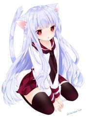 Rule 34 | 1girl, animal ear fluff, animal ears, blush, brown neckerchief, brown thighhighs, cat ears, cat girl, cat tail, collarbone, commentary request, full body, long hair, long sleeves, looking at viewer, nanase nao, neckerchief, original, parted lips, purple hair, red eyes, red sailor collar, red skirt, sailor collar, school uniform, seiza, serafuku, shirt, simple background, sitting, skirt, solo, tail, tail raised, thighhighs, very long hair, white background, white shirt