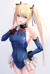 Rule 34 | 1girl, bare shoulders, black gloves, black ribbon, blonde hair, blue eyes, blue leotard, blue one-piece swimsuit, breasts, covered navel, dead or alive, dead or alive 5, detached sleeves, fingerless gloves, frilled leotard, frills, gloves, hair ornament, hand on own hip, highres, index finger raised, kaeru (meriruou), leotard, long hair, looking at viewer, marie rose, marie rose (devilish servant against the splashing waves), one-piece swimsuit, open mouth, ribbon, simple background, small breasts, solo, swimsuit, twintails, white background, x hair ornament