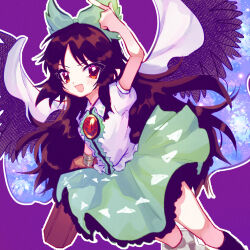 Rule 34 | 1girl, arm cannon, bird wings, black wings, blush, bow, breasts, brown hair, cape, collared shirt, commentary request, control rod, dutch angle, feet out of frame, frilled shirt collar, frilled skirt, frills, green bow, green skirt, hair bow, highres, hitosaji, long hair, looking at viewer, open mouth, outline, pointing, pointing up, puffy short sleeves, puffy sleeves, purple background, red eyes, reiuji utsuho, shirt, short sleeves, simple background, skirt, small breasts, smile, solo focus, starry sky print, third eye, touhou, very long hair, weapon, white cape, white outline, white shirt, wings