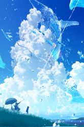 Rule 34 | 1girl, arm up, blue sky, blue theme, canvas (object), cloud, cumulonimbus cloud, day, easel, grass, highres, lake, makoron117117, original, outdoors, parasol, people, scenery, silhouette, sky, solo, sparkle, sunlight, umbrella, water, water drop