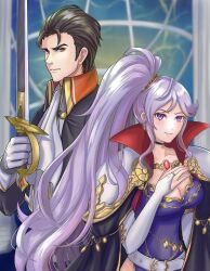 Rule 34 | 1boy, 1girl, armor, ascot, belt, black hair, breasts, cape, cleavage, collar, commission, commissioner upload, fire emblem, fire emblem: genealogy of the holy war, fire emblem: thracia 776, hair ornament, highres, holding, holding sword, holding weapon, ishtar (fire emblem), jewelry, kousetu0506, large breasts, long hair, nintendo, pauldrons, purple eyes, purple hair, reinhardt (fire emblem), shoulder armor, skeb commission, sword, very long hair, weapon