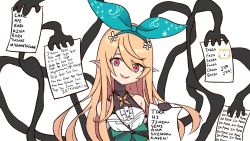 Rule 34 | 1girl, black gloves, blonde hair, collarbone, commentary, elbow gloves, empty eyes, english text, fairy, flower, gloves, green ribbon, hair flower, hair ornament, hair ribbon, halterneck, heart, highres, holding, holding paper, long arms, long hair, looking at viewer, m r b, nijisanji, nijisanji en, open mouth, paper, pointy ears, pomu rainpuff, red eyes, ribbon, simple background, smile, tiger, virtual youtuber, white background, wotagei