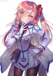 Rule 34 | 1girl, arm strap, black pantyhose, blush, bow, bowtie, braid, breasts, closed mouth, collared jacket, cowboy shot, girls&#039; frontline, gloves, grey shirt, hair between eyes, hair bow, hair ornament, hair ribbon, hairclip, hanato (seonoaiko), hand on own hip, hand up, hexagram, highres, jacket, long hair, long sleeves, looking at viewer, medium breasts, negev (girls&#039; frontline), one side up, pantyhose, pink hair, pouch, red bow, red bowtie, red eyes, red ribbon, ribbon, shirt, side braid, sidelocks, simple background, skirt, smile, solo, sparkle, star of david, white background, white gloves, white skirt