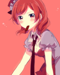 Rule 34 | 10s, 1girl, black necktie, blush, breasts, chocolate, cleavage, cleavage cutout, clothing cutout, hat, highres, hina, looking at viewer, love live!, love live! school idol festival, love live! school idol project, medium breasts, mouth hold, necktie, nishikino maki, puffy short sleeves, puffy sleeves, purple eyes, red background, red hair, shiki hinako, short hair, short sleeves, simple background, solo