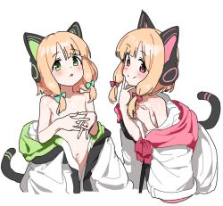 Rule 34 | 2girls, animal ear headphones, animal ears, azmira1534815, bare shoulders, blonde hair, blue archive, cat ear headphones, cat tail, clothes down, fake animal ears, flat chest, green eyes, headphones, jacket, looking at viewer, midori (blue archive), momoi (blue archive), multiple girls, naked jacket, navel, open mouth, pink eyes, siblings, simple background, sisters, sketch, smile, tail, twins, v, white background